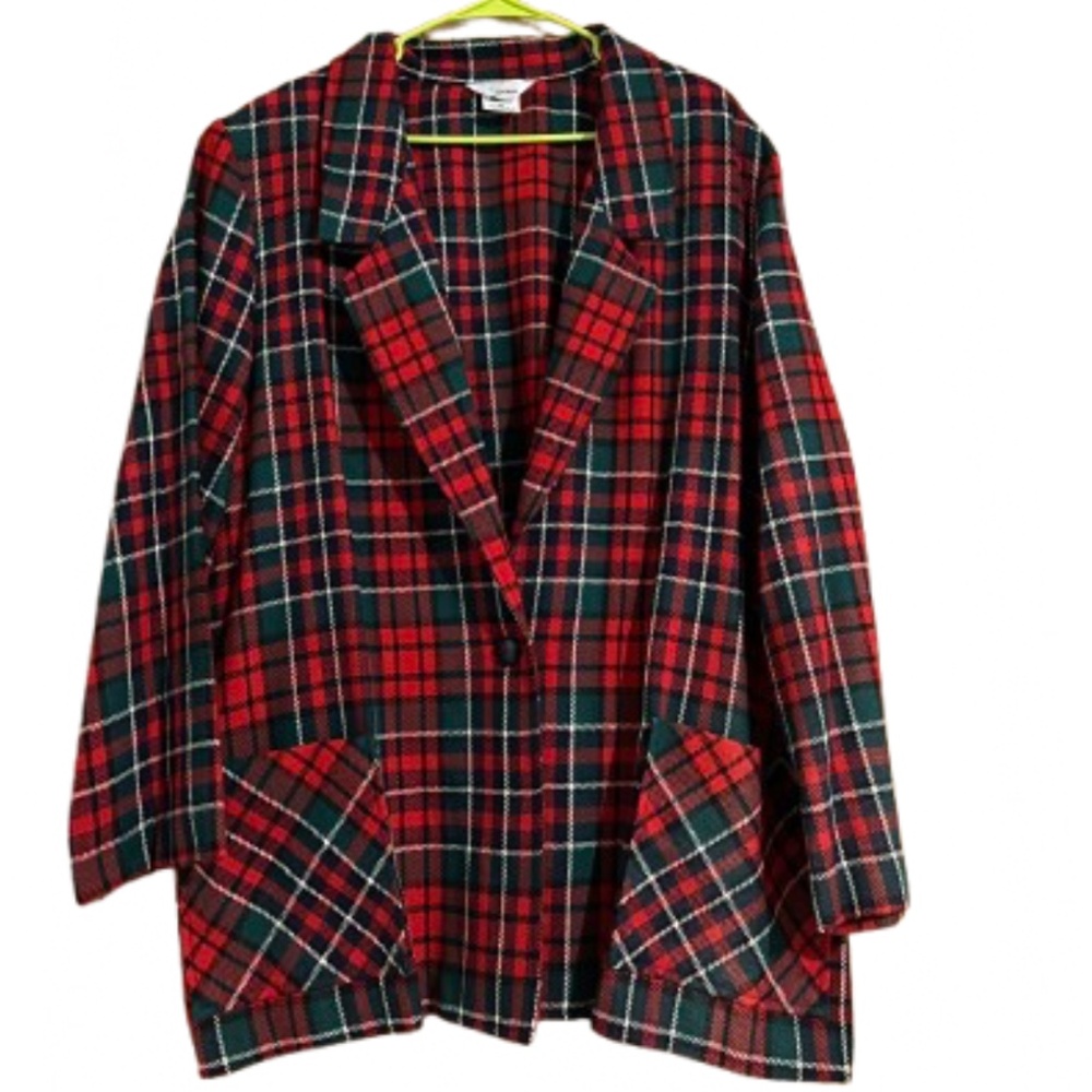 Vintage Styled by Erminia Women’s Red Multi Check Plaid Cardigan Blazer Sz-XXXL